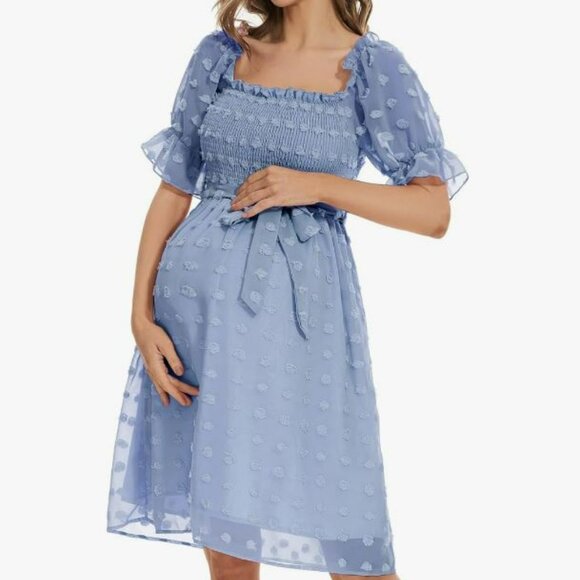 Amazon Dresses & Skirts - Swiss Dot Short Sleeve Maternity Midi Dress for Baby Shower & Maternity Shoot